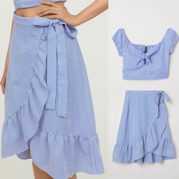H&M Dresses & Skirts - Seersucker 2 Piece Wrap Crop Top Skirt Blue Small